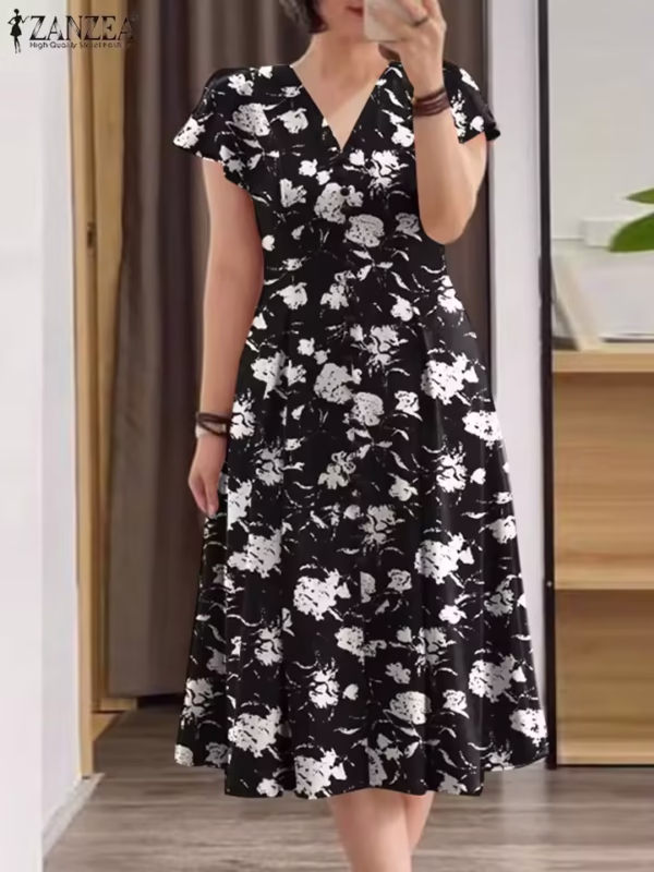 ZANZEA Ruffle Sleeve V Neck Party Sundress Casual Women